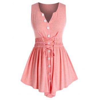 

Plus Size Mock Button Lace Up Irregular Tank Top, Flamingo pink