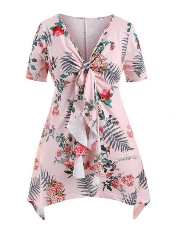 Haut Mouchoir Noué Fleuri de Grande Taille - Rose 2X