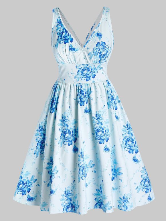Plus Size Floral Robe à imprimé Balancez Vintage - Bleu clair 1X