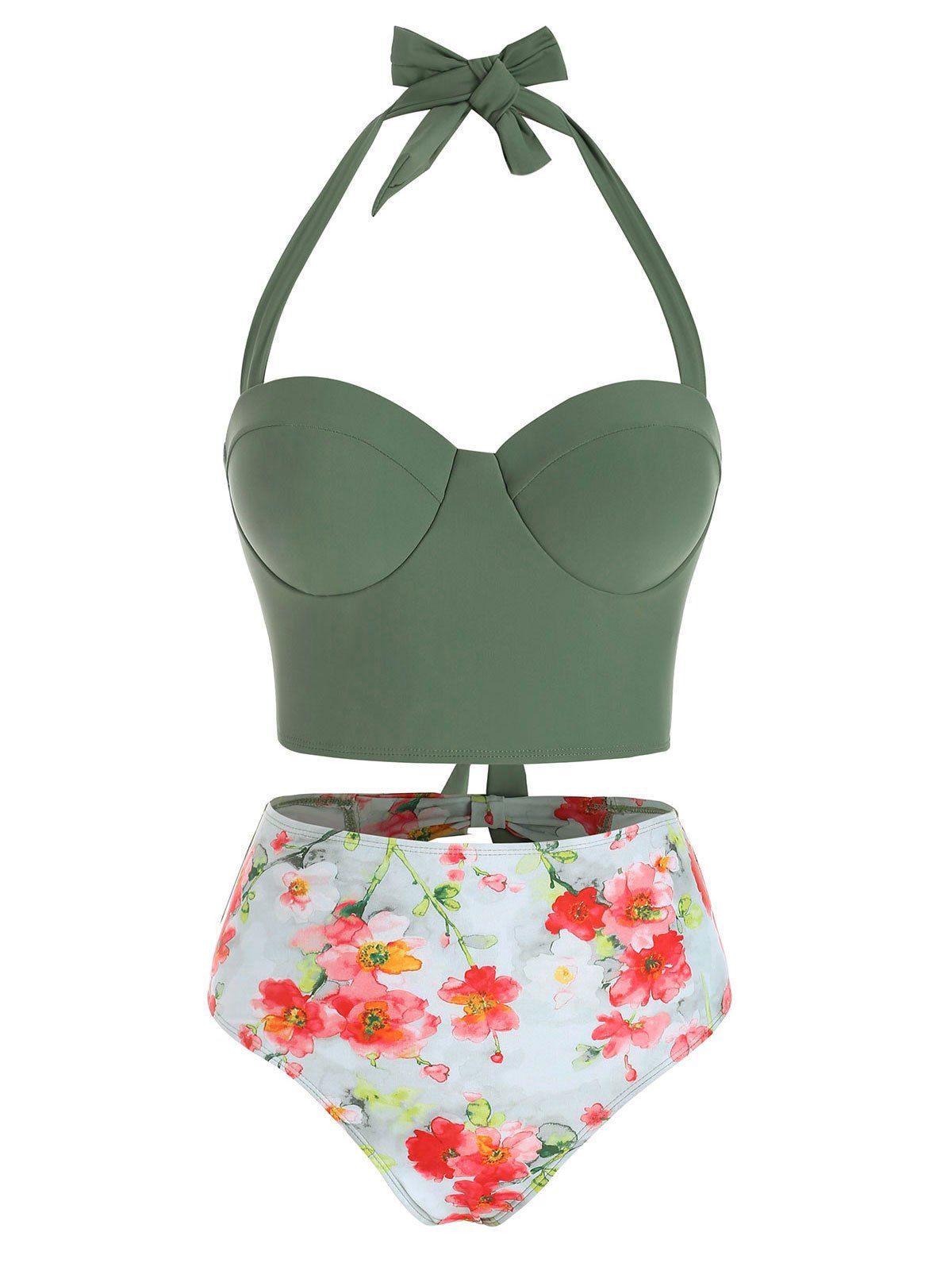 Vacation Swimwear Floral Print Cutout Corest Push Up Tankini Swimsuit - CAMOUFLAGE GREEN M