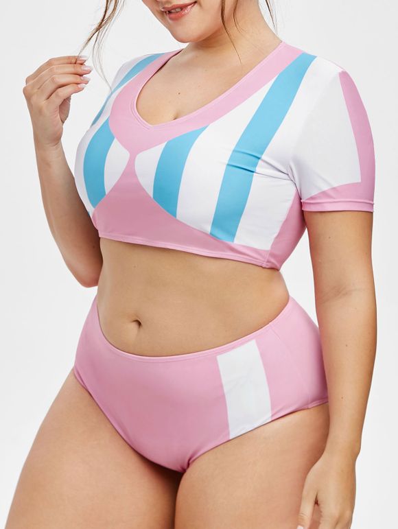 Maillot de Bain Panneau Rayé en Blocs de Couleurs de Grande Taille Deux Pièces - Rose L