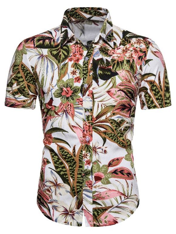 Chemise Hawaïenne à Imprimé Feuille et Fleur à Manches Courtes - multicolor 2XL