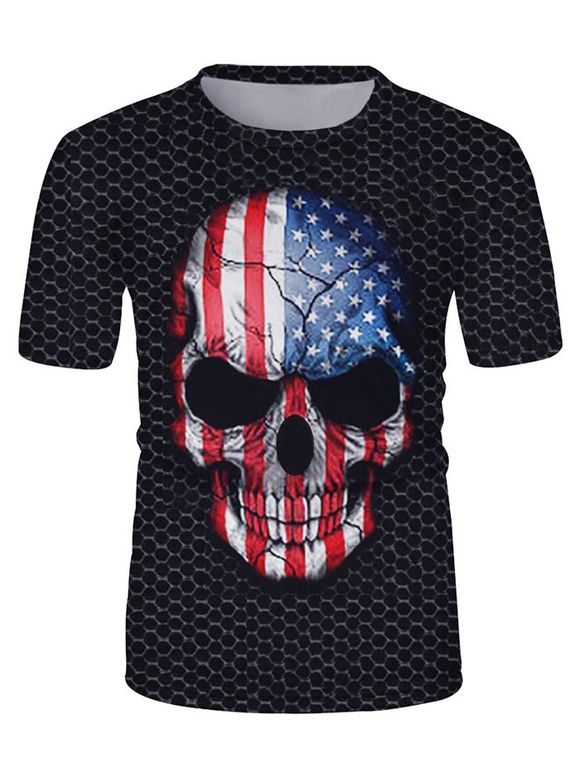 T-shirt Décontracté Graphique Crâne Drapeau Américain à Manches Courtes - Noir L