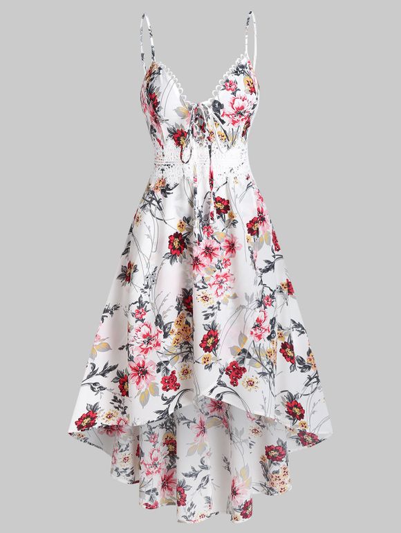 Bowknot Floral Print Lace Panel Cami High Low Dress - WHITE XL