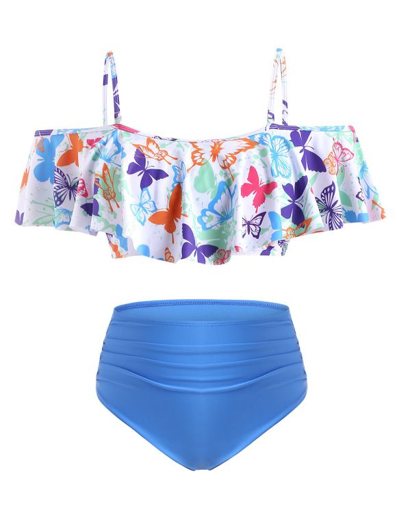 Butterfly Print Flounce Plus Size Off Shoulder Tankini Swimwear - DODGER BLUE 1X