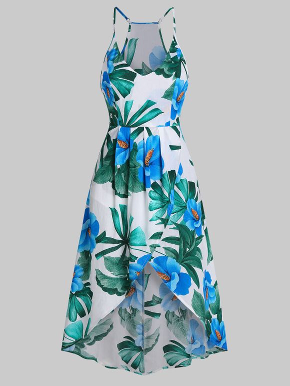Robe Haute Basse Tropicale Imprimée à Bretelle Fine - multicolor A 3XL