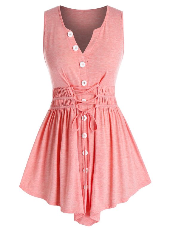 Débardeur Irrégulier Boutonné de Grande Taille à Lacets - Rose Flamant 5X