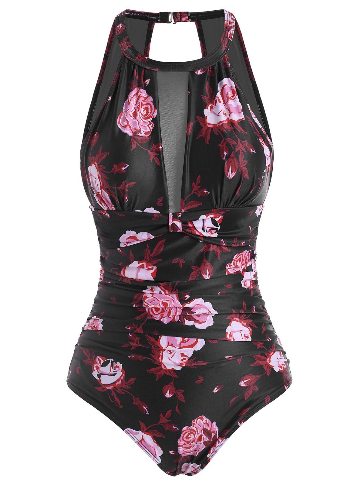 Mesh Panel Ruched Floral One-piece Swimsuit - BLACK XL