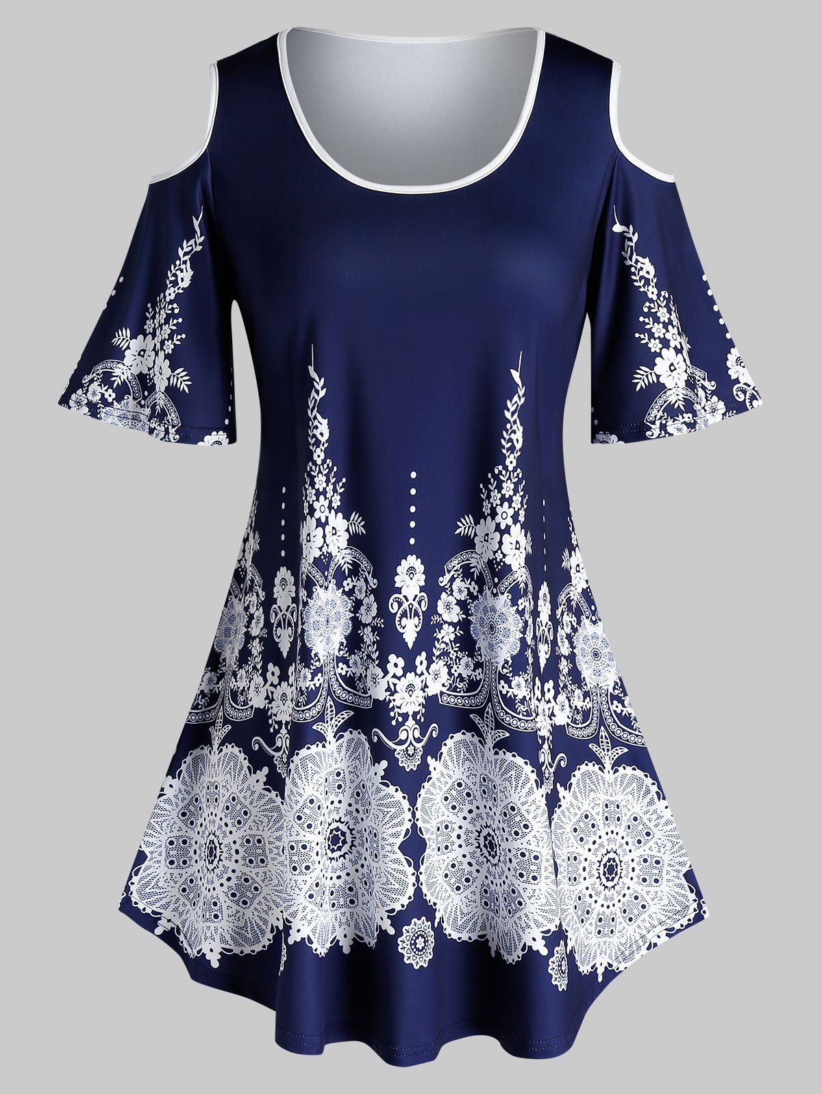 

Plus Size Tribal Print Cold Shoulder T Shirt, Cadetblue