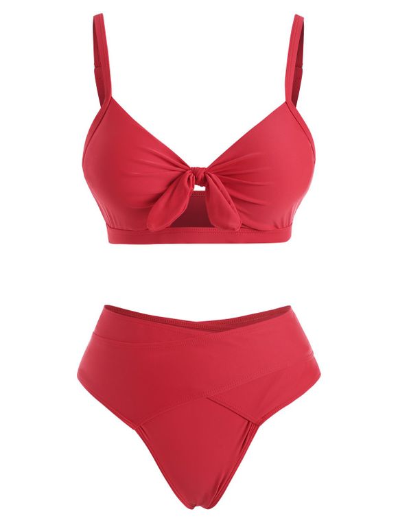 Maillot de Bain Bikini Découpé Croisé Noué en Avant - Rouge S
