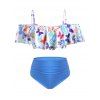 Butterfly Print Flounce Plus Size Off Shoulder Tankini Swimwear - DODGER BLUE 1X