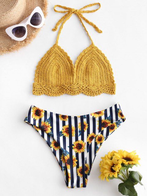 Crochet Sunflower Striped Halter Bikini Swimwear