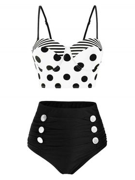 Polka Dot Striped Button Embellished Moulded Tankini Swimwear