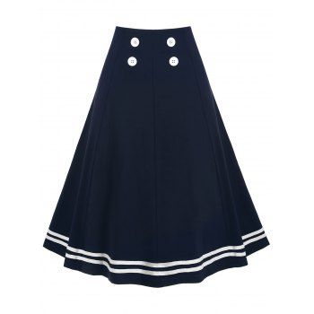 

Striped A Line Buttoned Sailor Retro Skirt, Deep blue