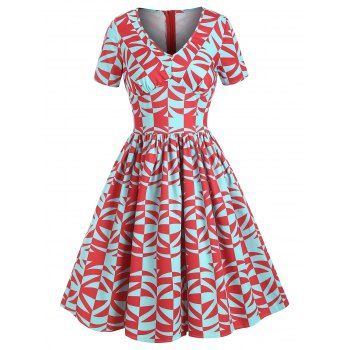 Image of Geometric Print V Neck Retro A Line Dress