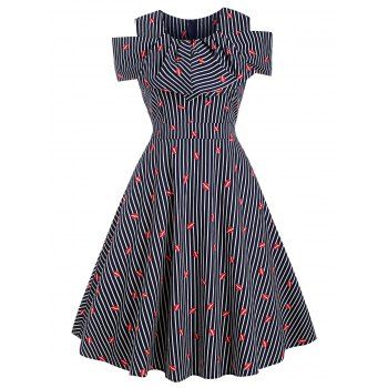 

Striped Lip Print Retro A Line Flounce Dress, Dark slate blue