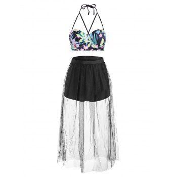 

Flower Push Up Sheer Mesh Skirted Bikini Swimwear, Multicolor a