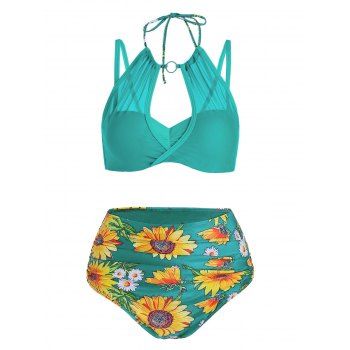 

Sunflower Print Mesh Insert Bikini Swimwear, Light aquamarine