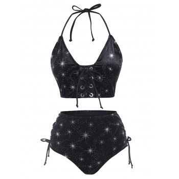 

Sparkly Star Lace Up Velvet Tankini Swimwear, Black