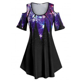 

Plus Size Cold Shoulder 3D Galaxy Print T Shirt, Black