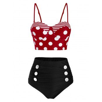 

Polka Dot Striped Button Embellished Moulded Tankini Swimwear, Black