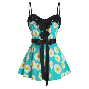 

Flower Print Bowknot Lace Tank Top, Medium turquoise