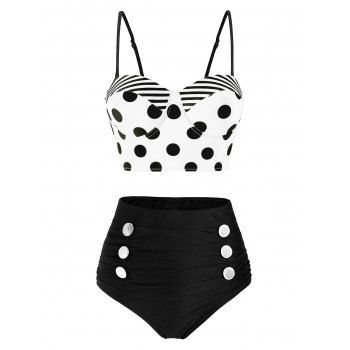 

Polka Dot Striped Button Embellished Moulded Tankini Swimwear, White