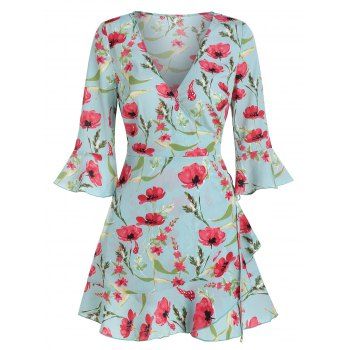 

Floral Print Poet Sleeve Wrap Dress, Cyan opaque