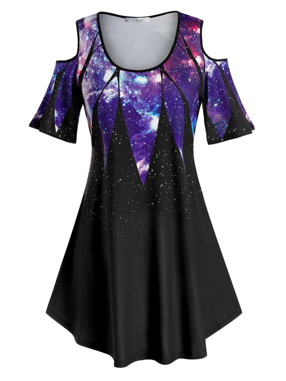 T-shirt 3D Galaxie Imprimée à Epaule Dénudée de Grande Taille - Noir 5X