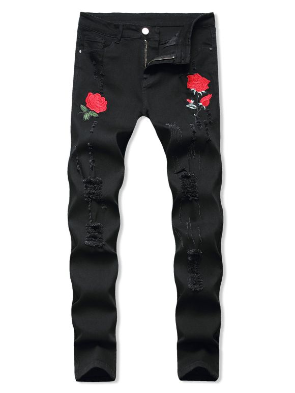 Floral Embroidery Ripped Design Jeans - BLACK 40