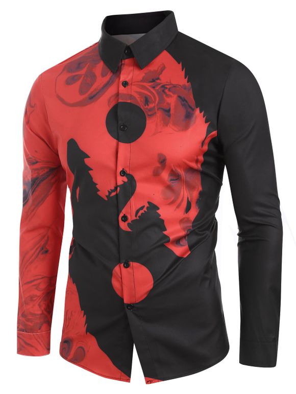 Chemise Boutonnée Motif de Loup à Manches Longues - Rouge XL
