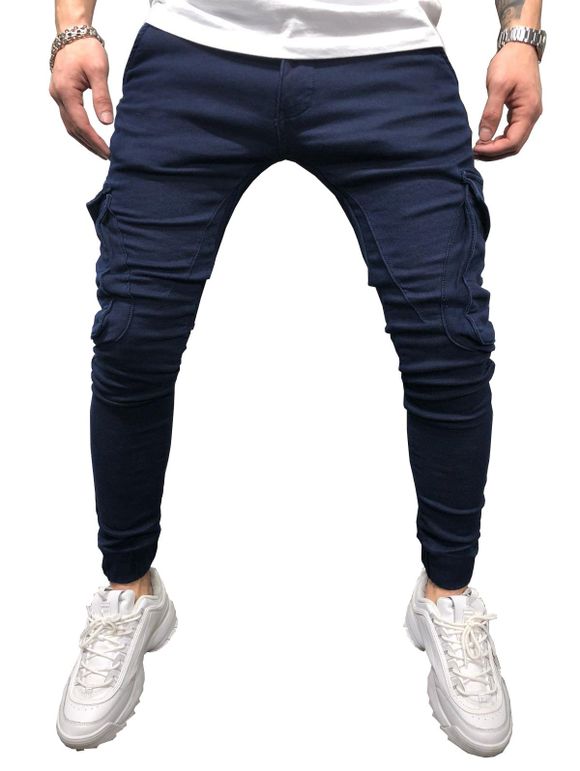 Solid Color Pocket Design Casual Jeans - DENIM DARK BLUE 32