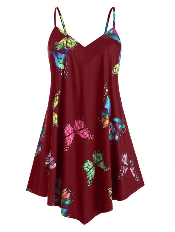 Plus Size Spaghetti Strap Butterfly Print Tank Top - RED WINE 2X