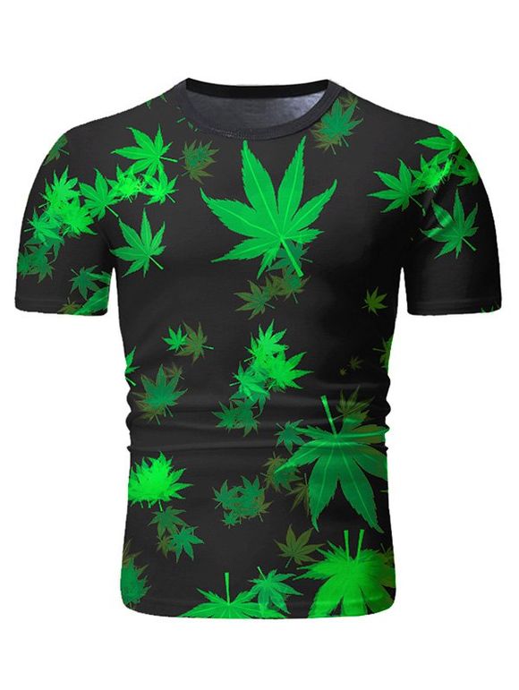 T-Shirt Décontracté Feuilles Imprimées à Manches Courtes - Vert Jaune XL