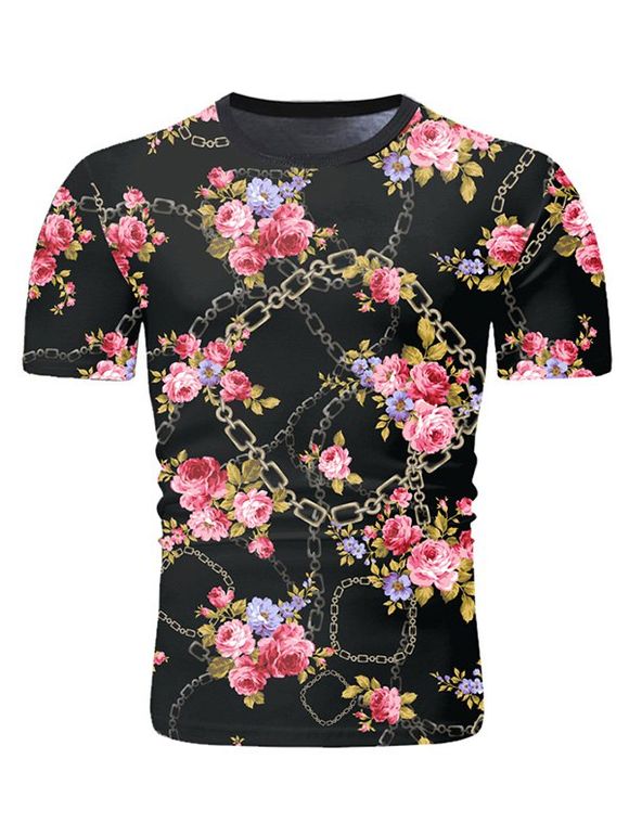 T-shirt à Imprimé Fleur Chaîne à Manches Courtes - Noir 3XL