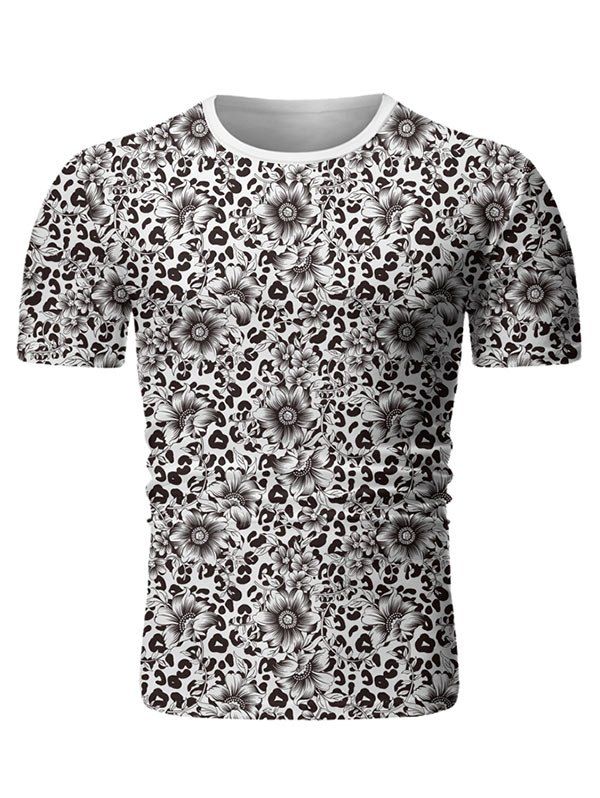 T-shirt Léopard Fleuri Imprimé à Col Rond - Blanc 2XL