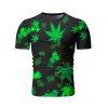 T-Shirt Décontracté Feuilles Imprimées à Manches Courtes - Vert Jaune 3XL