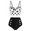 Polka Dot Striped Button Embellished Moulded Tankini Swimwear - WHITE S