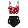 Maillot de Bain Tankini Rayé à Pois Embelli de Bouton - Noir S