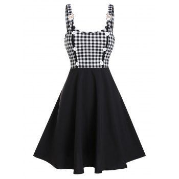 

Mock Button Plaid Print Vintage Flare Dress, Black
