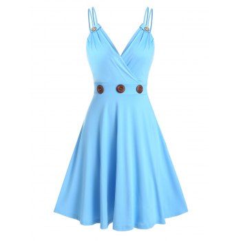 

Strappy Mock Button Flare Dress, Light blue