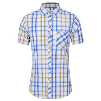 

Short Sleeve Plaid Pocket Casual Shirt, Sun yellow