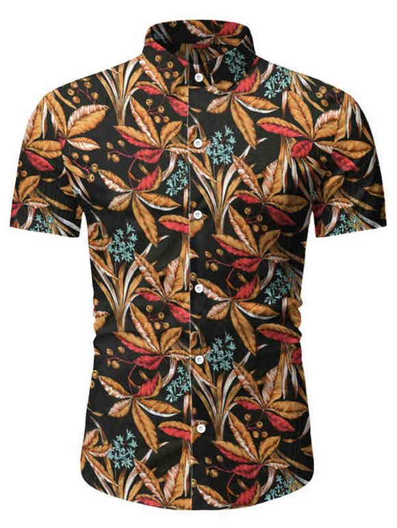 Chemise de Plage Fleurie Feuille Tropicale - Noir XL