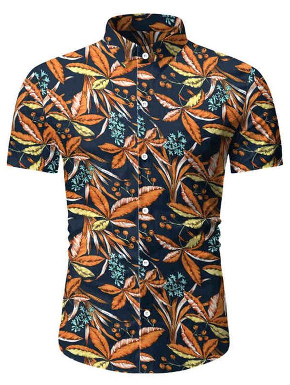 Chemise de Plage Fleurie Feuille Tropicale - Bleu de Minuit 3XL
