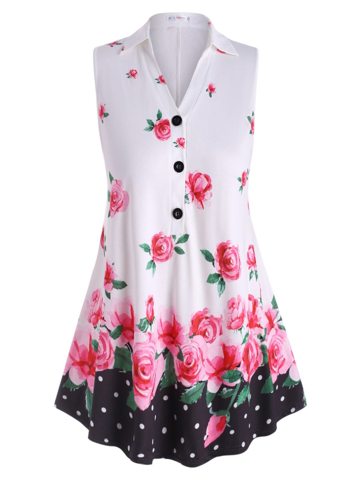 

Half Buttoned Floral Sleeveless Plus Size Top, White