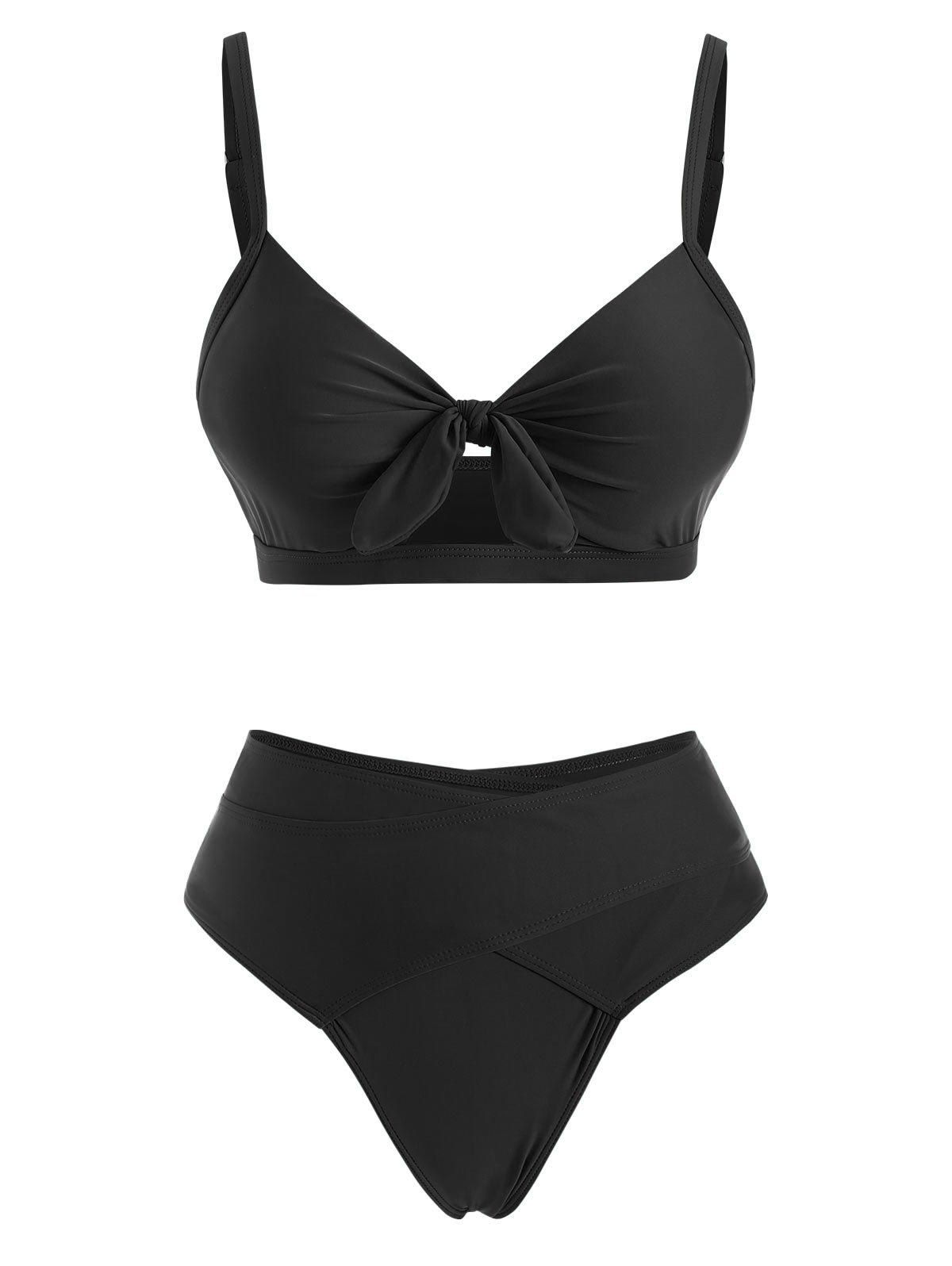 Cut Out Criss Cross Tie Front Bikini Swimwear - BLACK L