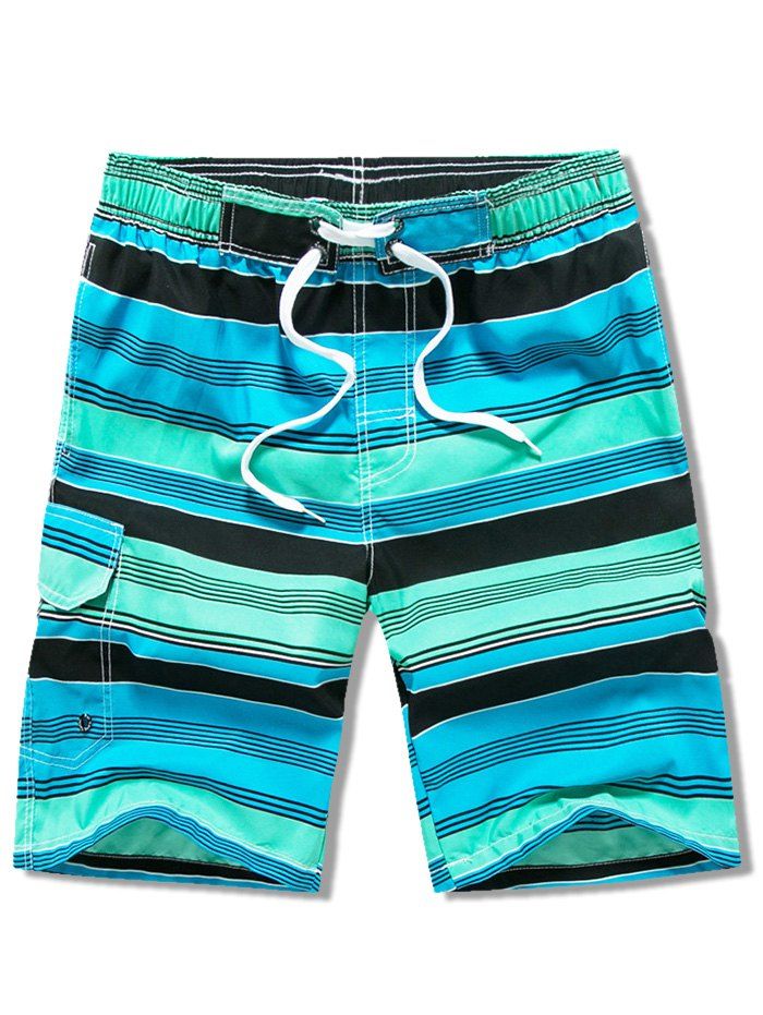 

Flap Pocket Striped Drawstring Swimming Beach Shorts, Turquoise