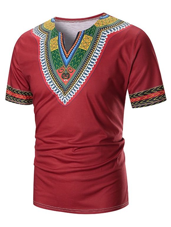 T-shirt Ethnique Zigzag Imprimé à Col V - Rouge 3XL