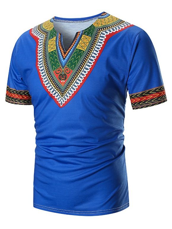T-shirt Ethnique Zigzag Imprimé à Col V - Bleu XL