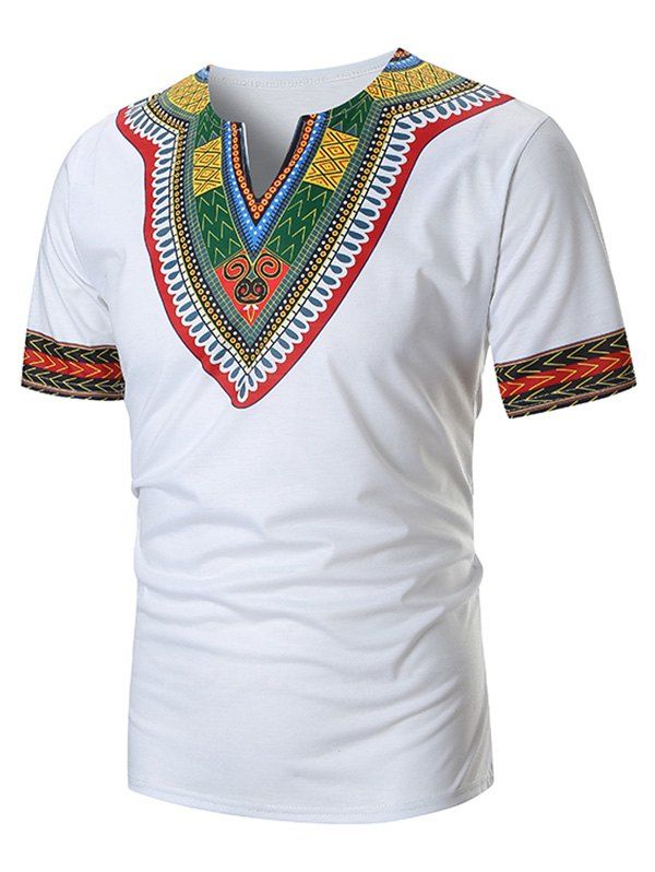 T-shirt Ethnique Zigzag Imprimé à Col V - Blanc 2XL